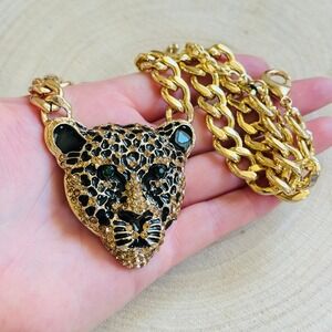 Leopard chunky Y2K necklace Jeweled rhinestone Statement bold curved chain 22"